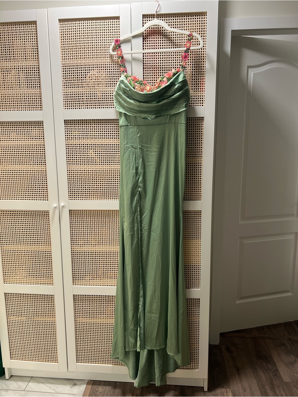 Green Floral Strap Evening Gown